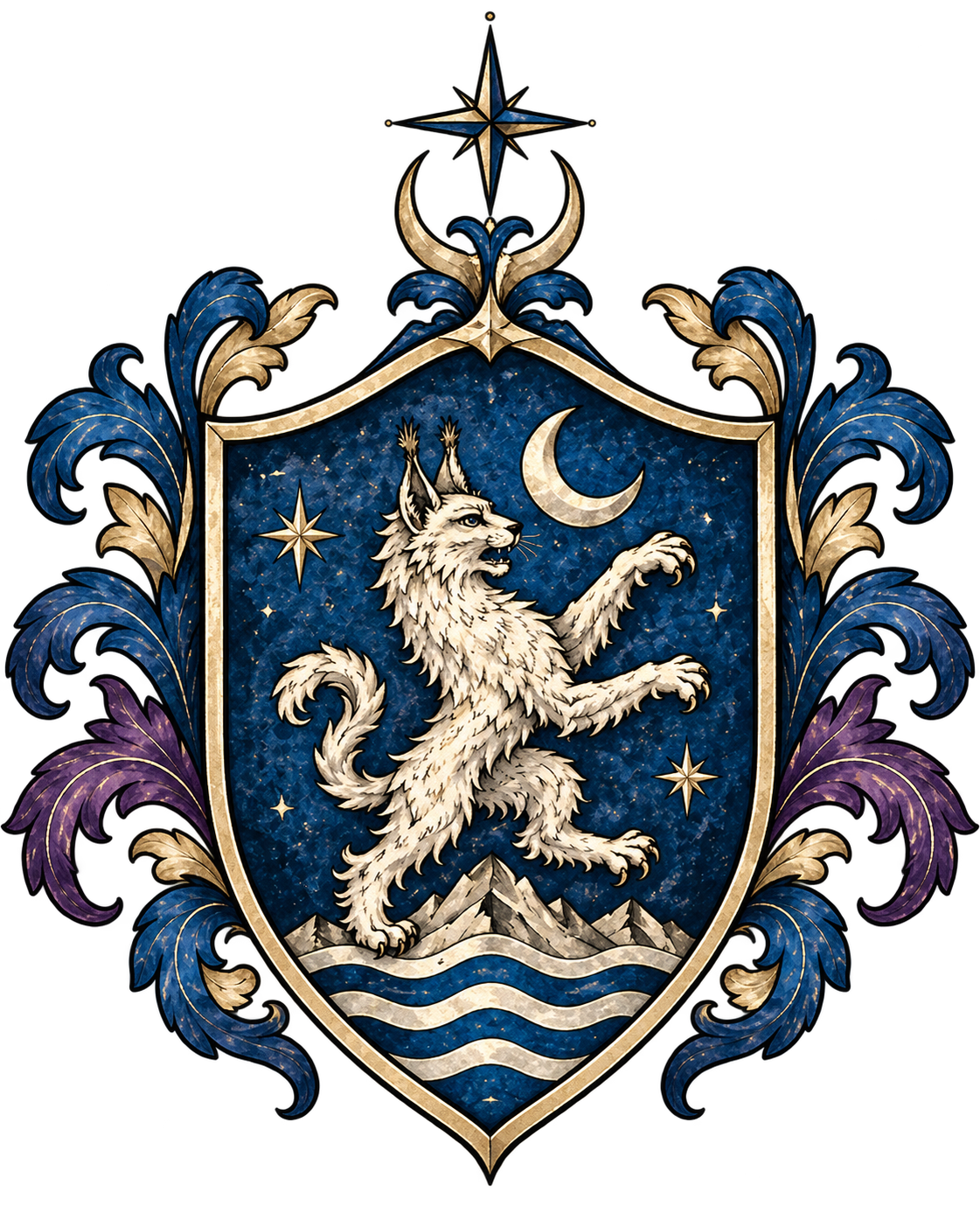 Lynxforge heraldic crest with a lynx beneath a moon and stars