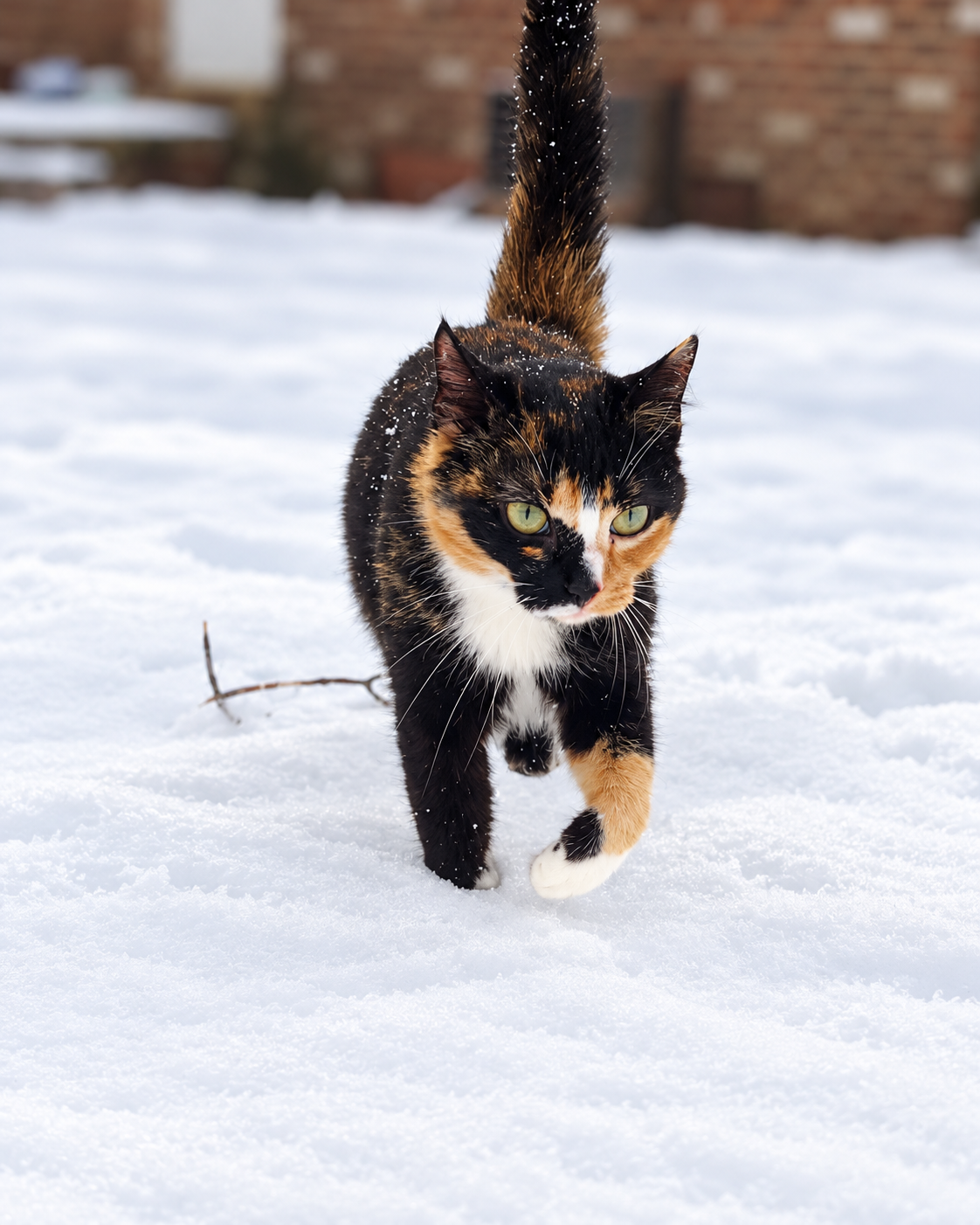 Calico cat walking toward the camera through snow